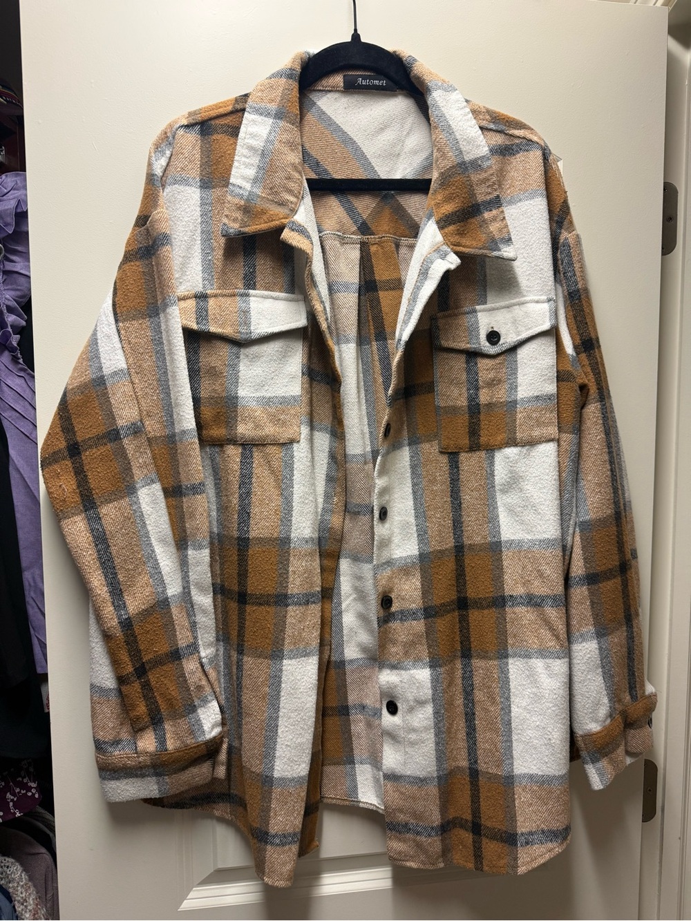 Relaxed Camel & White Plaid Button-Down Shacket